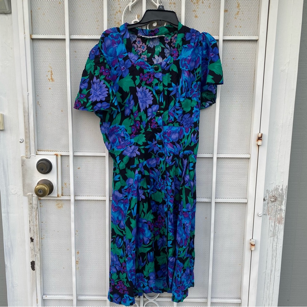 Caroline Wells 12 scoop neck 100% rayon short sleeve dress button-up midi Vtg